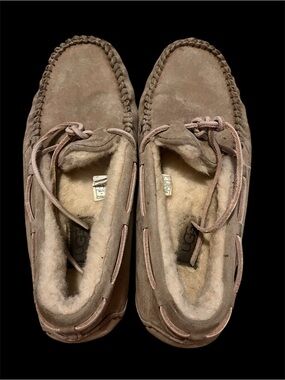 UGG Taupe Suede Shearling Moccasin Slippers Unisex